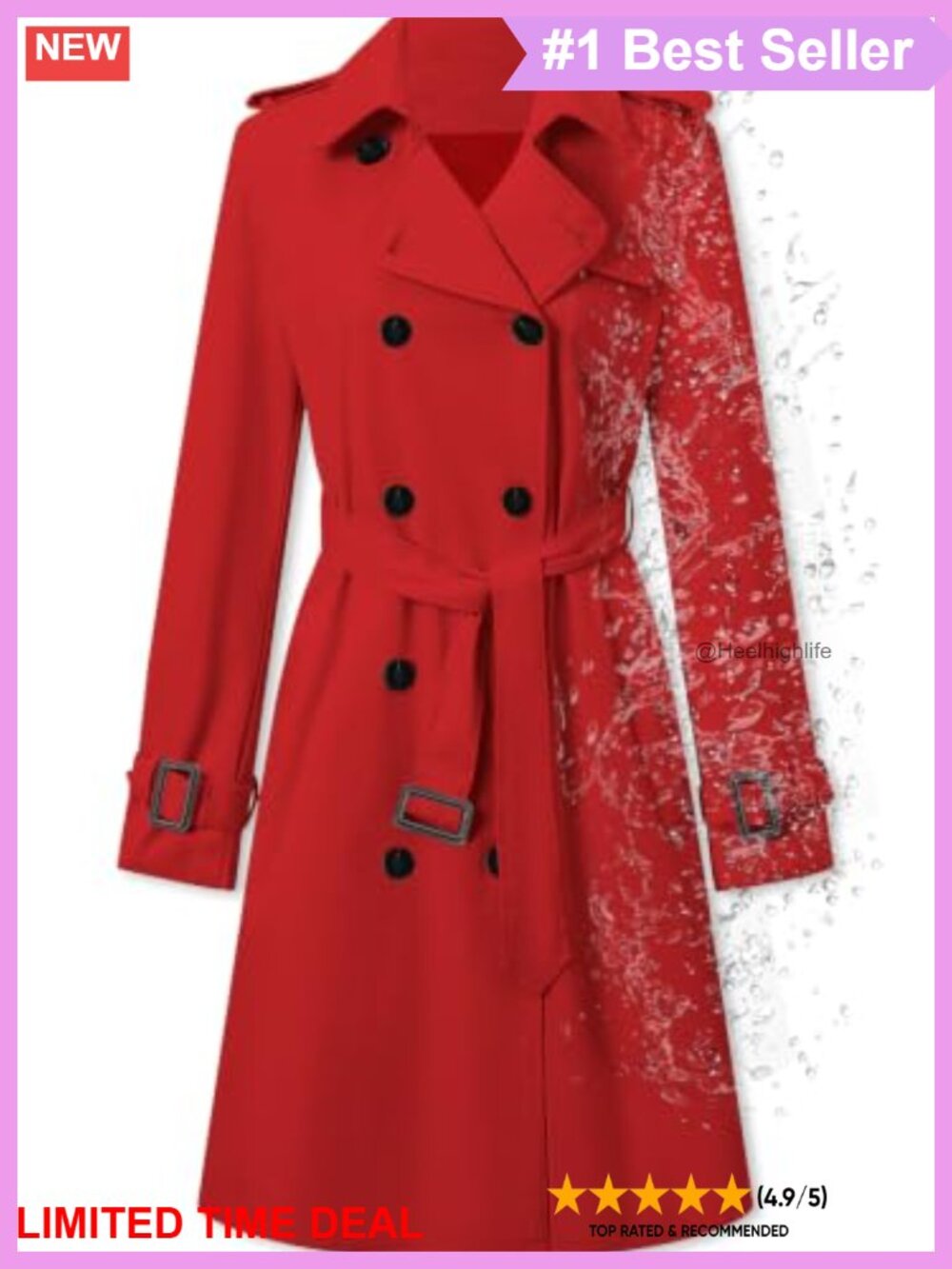 Water-Repellent Double-Breasted Belted Trench Coat